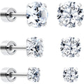 CZ Flat Back Stud Earrings - 3 Pairs
