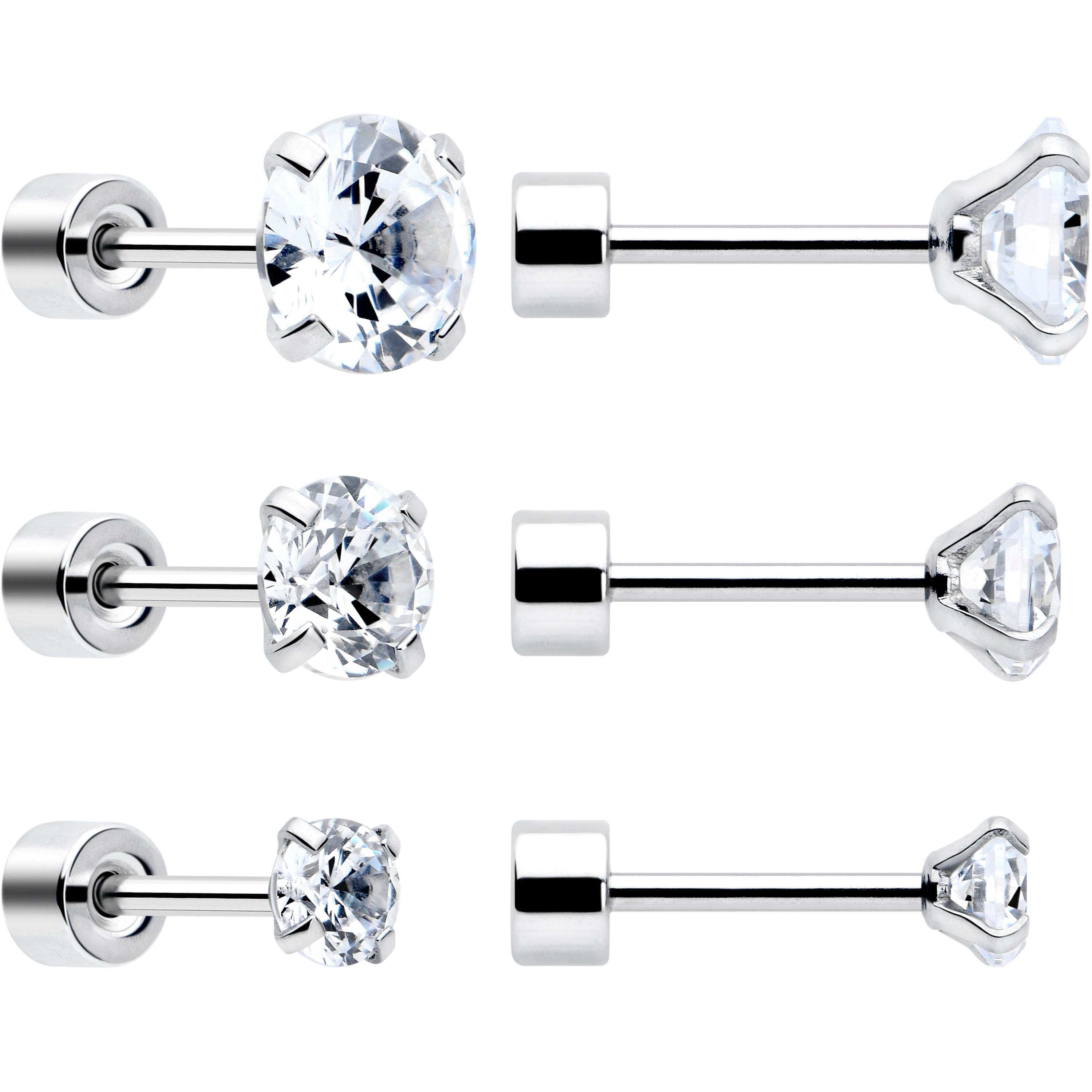 CZ Flat Back Stud Earrings - 3 Pairs